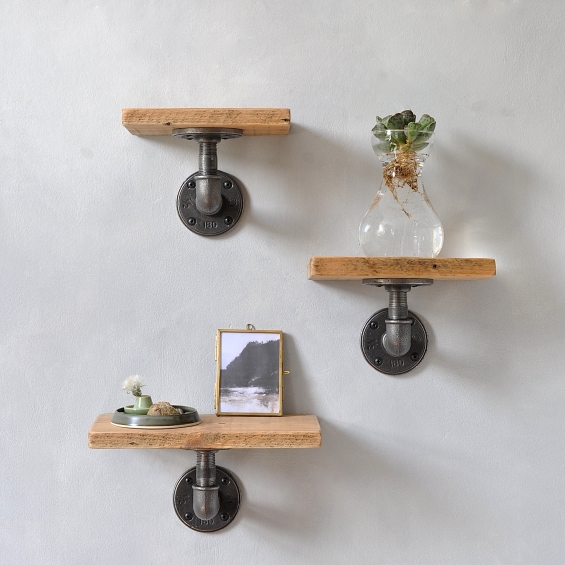 Set Of Three Reclaimed Wood Pipe Shelves